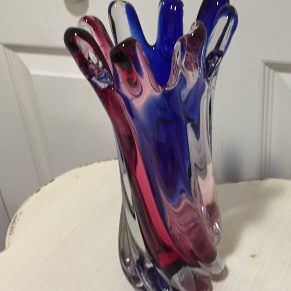 Swung Glass Vintage Hand Blown 8 Finger Art Glass Vase Cobalt Purple 10" Heavy - Picture 4 of 11